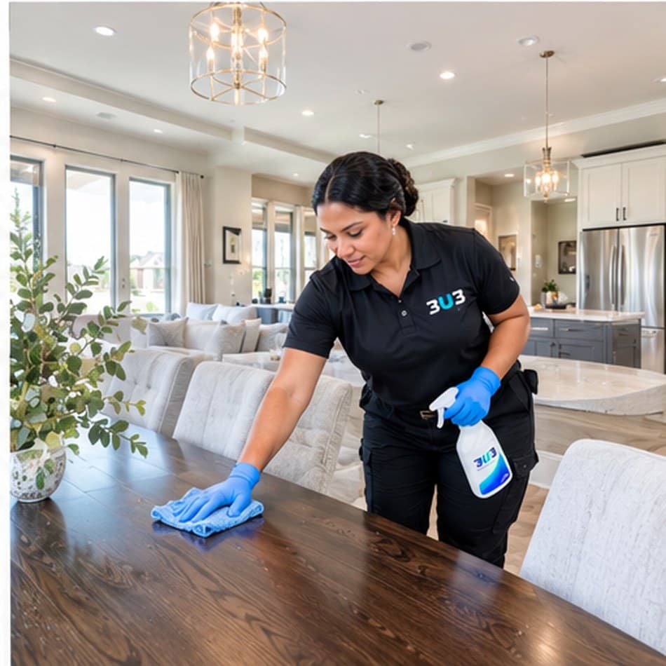A 3U3 cleaner wiping down a large wooden table