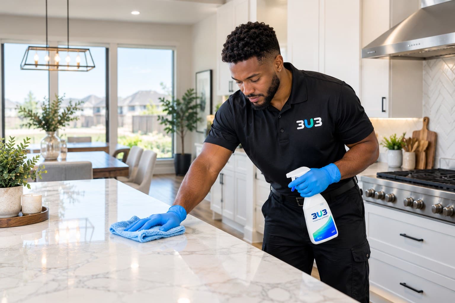 A 3U3 cleaner wiping down a marble kitchen counter