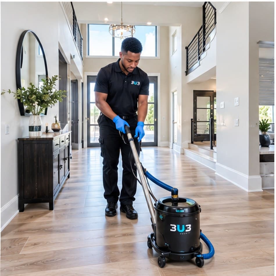 A 3U3 cleaner mopping the floor of a large empty kitchen