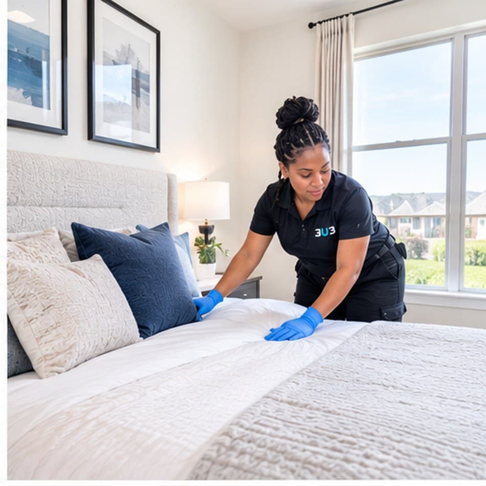 A 3U3 cleaner making up a bed in a bright bedroom