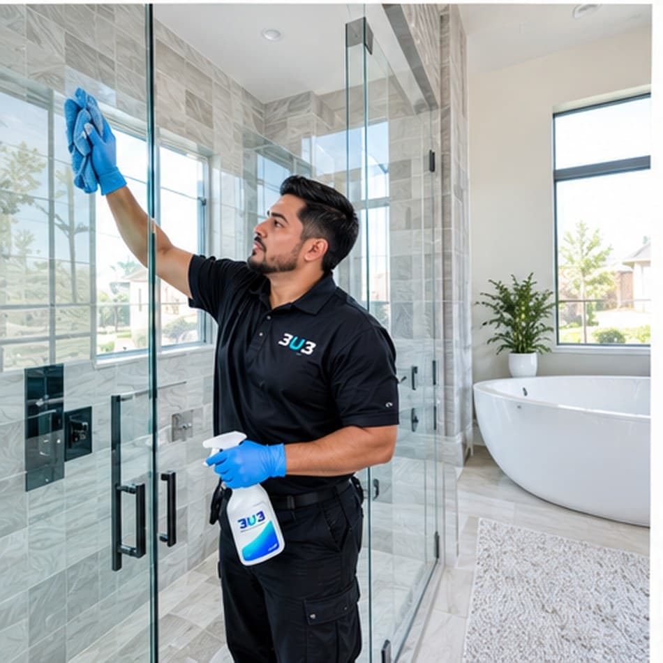 A 3U3 cleaner scrubbing soap build-up off a glass shower screen