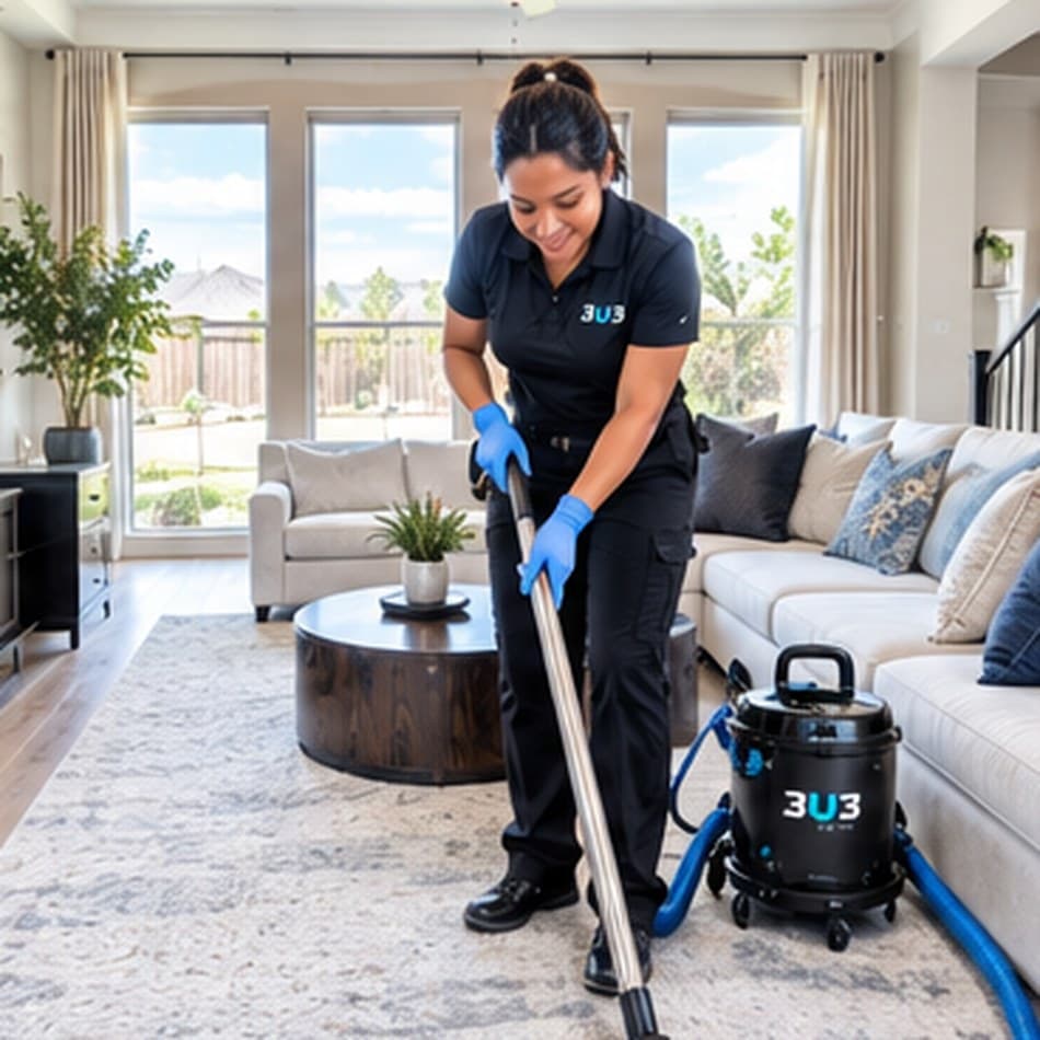A 3U3 cleaner vacuuming a living room rug with a canister vacuum