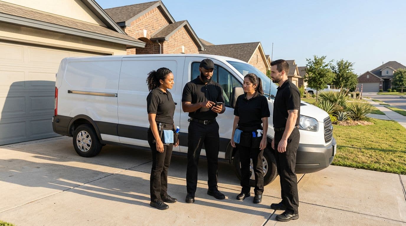 A crew lead going over the day’s jobs on his phone with three cleaners beside their van